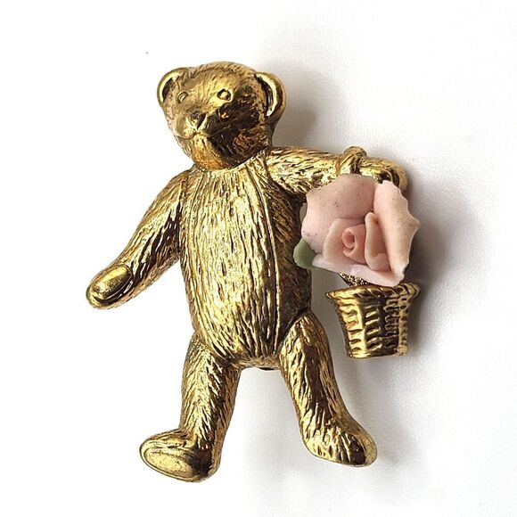 Estate Jewelry - Vintage Gold Tone Teddy Bear Brooch With Porcelain Rose Basket Detail 1.5in